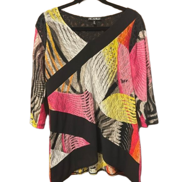 Picadilly Multicolored Lace Overlay V-Neck Top - Picture 1 of 3